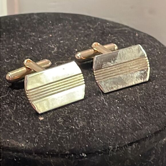 Vtg Art Deco 10kt gold plated diamond etched engravable bullet back cufflinks - Picture 5 of 14